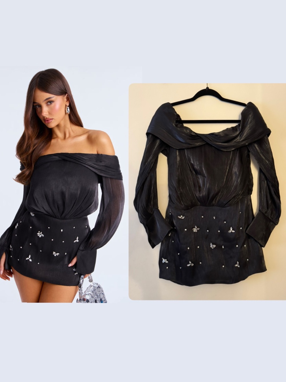 Off the shoulder Catarina Rhinestone Soft Organza Mini Dress in black